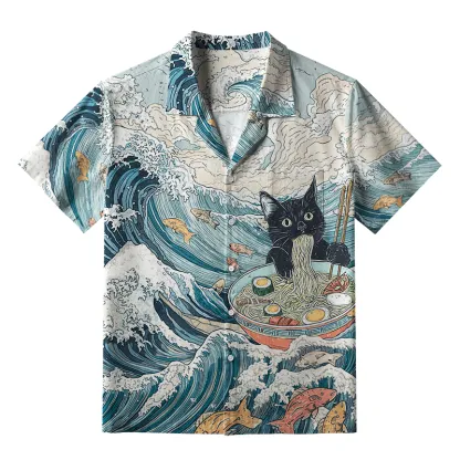 Tokyo-Lion Naughty Cat Eating Ramen Aloha Hawaiian Shirt