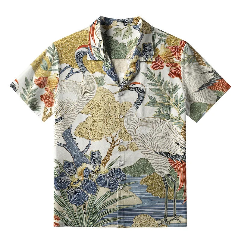 Tokyo-Lion Red-Crowned Cranes By The Stream Aloha Hawaiian Shirt
