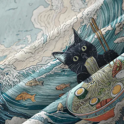 Tokyo-Lion Naughty Cat Eating Ramen Aloha Hawaiian Shirt