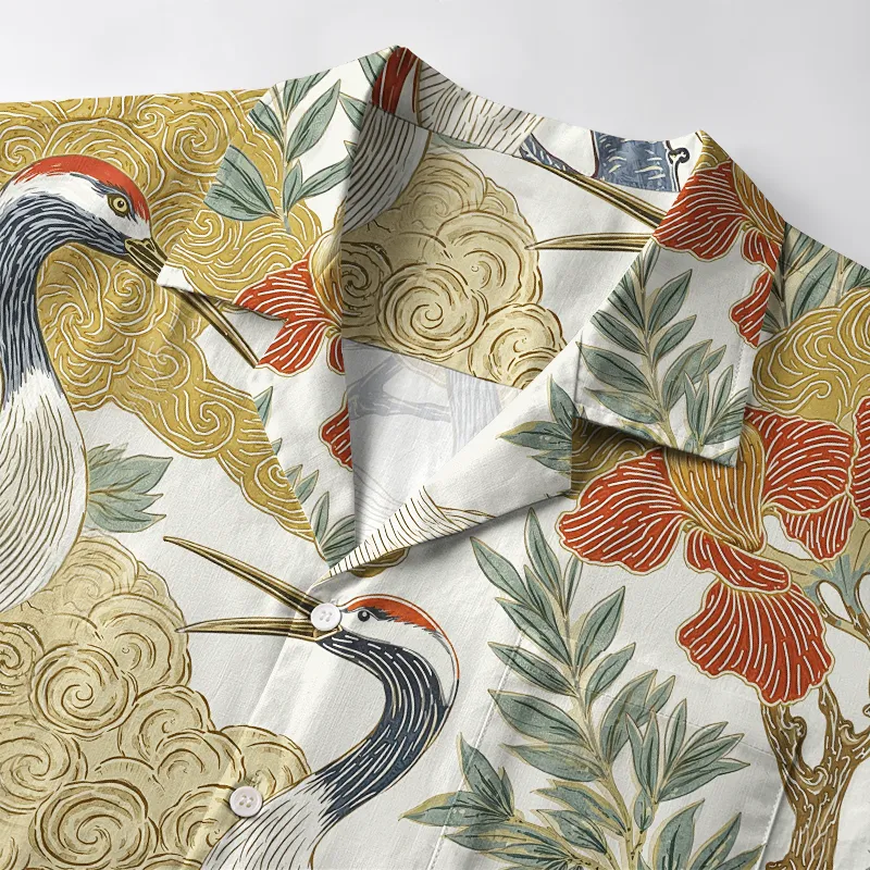 Tokyo-Lion Red-Crowned Cranes By The Stream Aloha Hawaiian Shirt