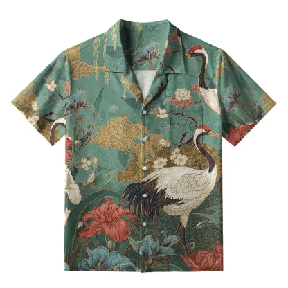 Tokyo-Lion Red-Crowned Crane In The Garden Aloha Hawaiian Shirt