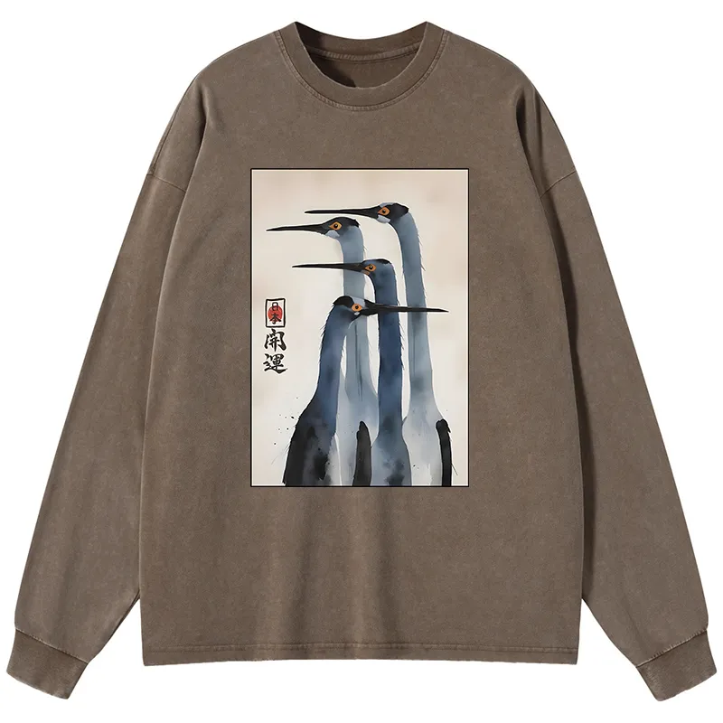 Tokyo-Lion Retro Sandhill Crane Washed Long Sleeve T-Shirt
