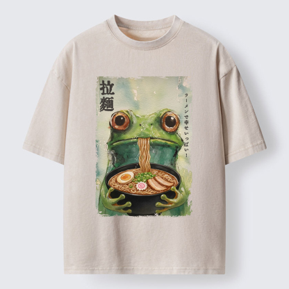 Tokyo-Lion Spacey Frog Eating Ramen Washed T-Shirt