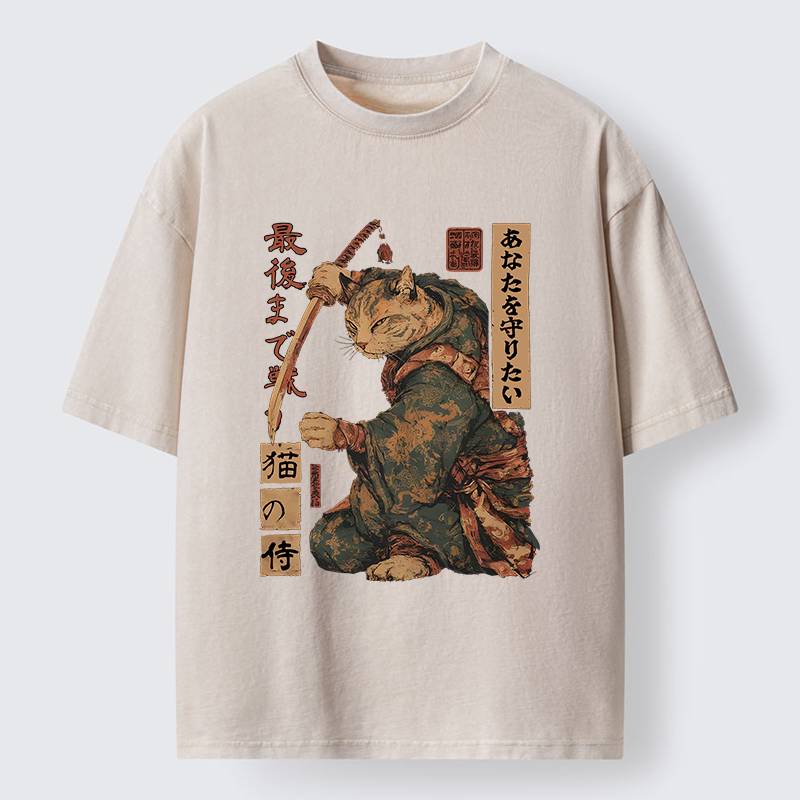 Tokyo-Lion Retro Cat Japanese Samurai Funny Washed T-Shirt