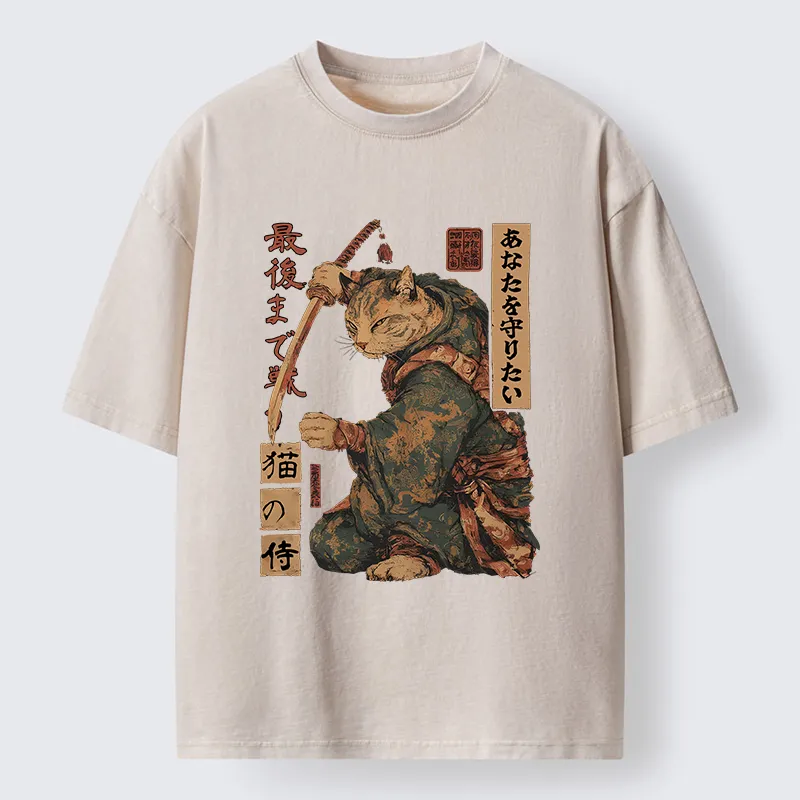 Tokyo-Lion Retro Cat Japanese Samurai Funny Washed T-Shirt