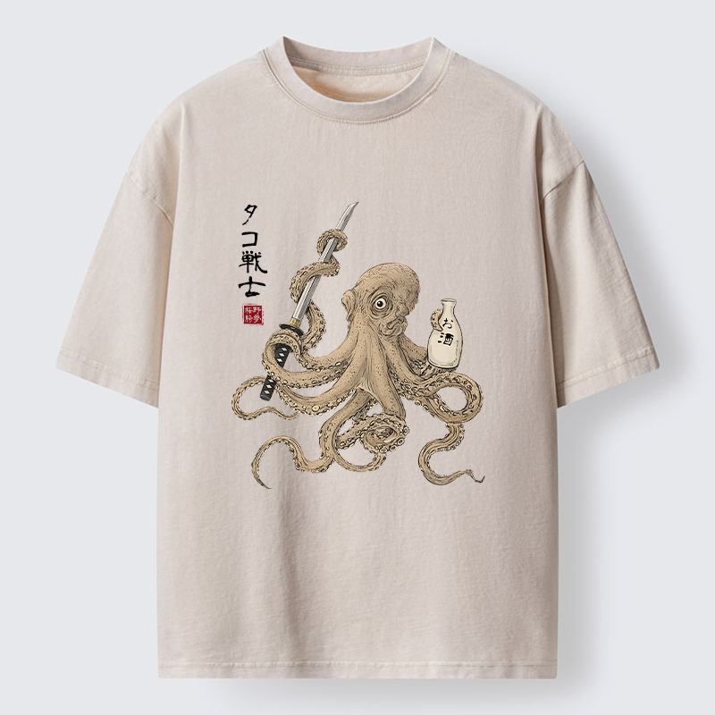 Tokyo-Lion Octopus Samurai And Sake Washed T-Shirt