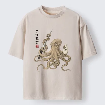 Tokyo-Lion Octopus Samurai And Sake Washed T-Shirt