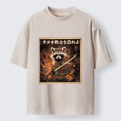 Tokyo-Lion Japanese Raccoon Samurai Funny Washed T-Shirt