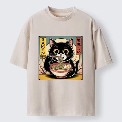 Tokyo-Lion Black Cat Eats A Big Bowl Of Ramen Funny Washed T-Shirt