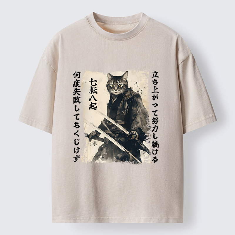 Tokyo-Lion Samurai Japanese Cat Washed T-Shirt