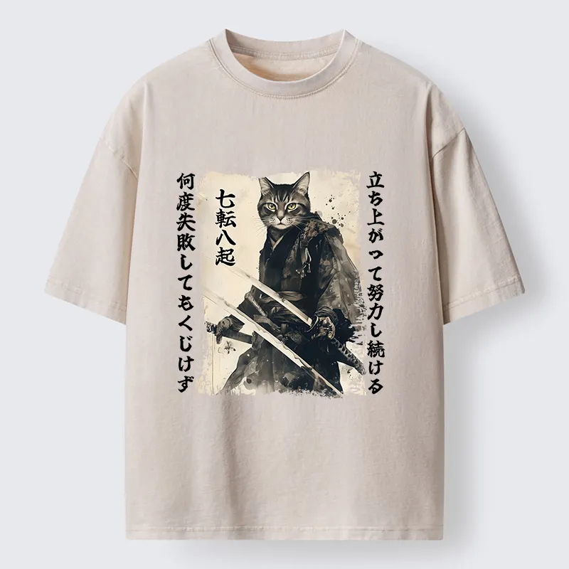Tokyo-Lion Samurai Japanese Cat Washed T-Shirt