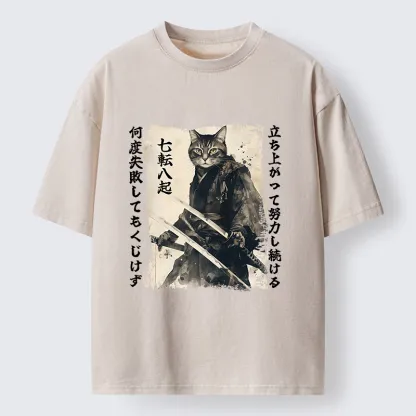 Tokyo-Lion Samurai Japanese Cat Washed T-Shirt