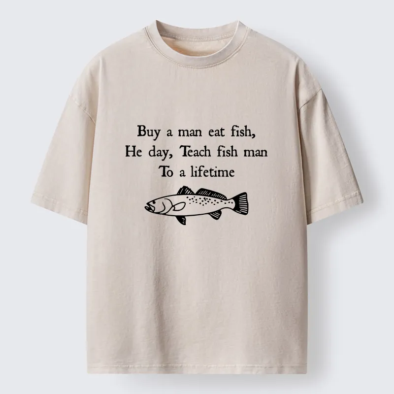 Tokyo-Lion Man Eat Fish Meme Washed T-Shirt