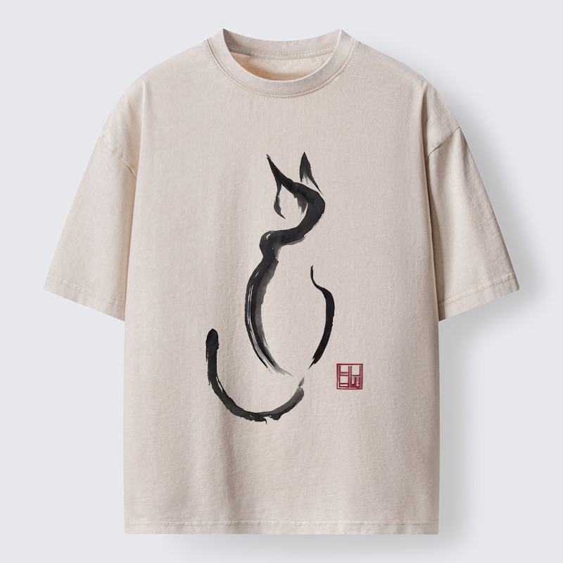 Tokyo-Lion Minimalist Cat Ink Washed T-Shirt-Tokyo-Lion