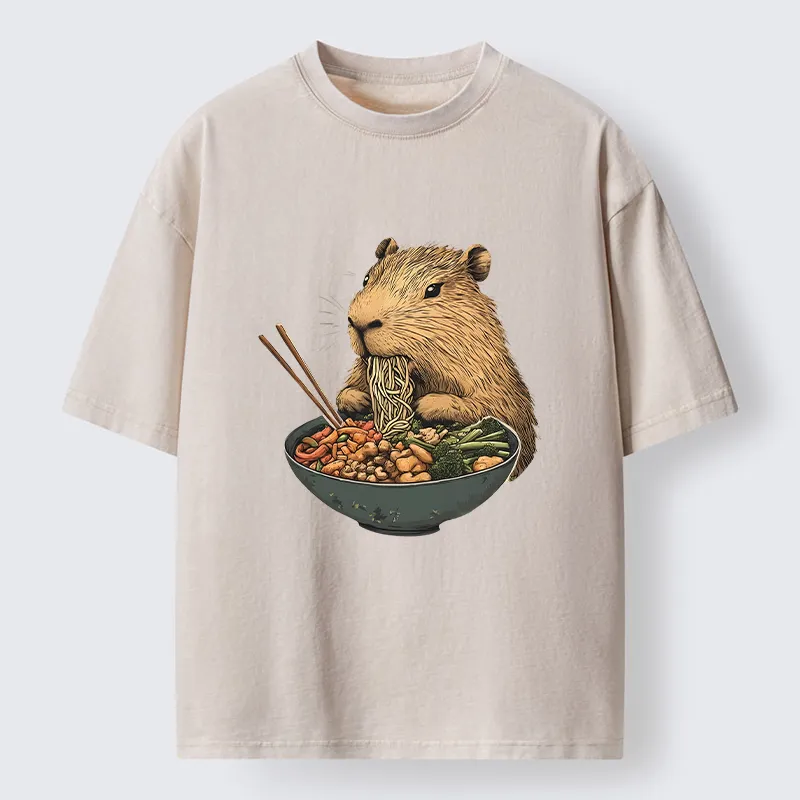 Tokyo-Lion Capybara Eating Ramen Funny Washed T-Shirt