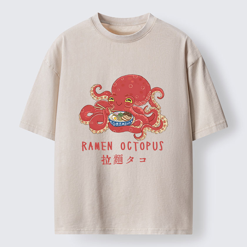 Tokyo-Lion Cute Octopus Eating Ramen Washed T-Shirt