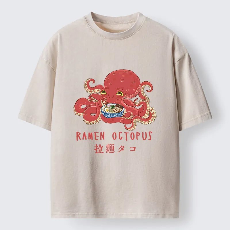 Tokyo-Lion Cute Octopus Eating Ramen Washed T-Shirt
