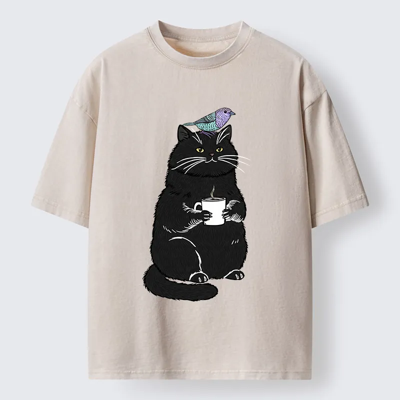 Tokyo-Lion Black Cat And Bird Washed T-Shirt