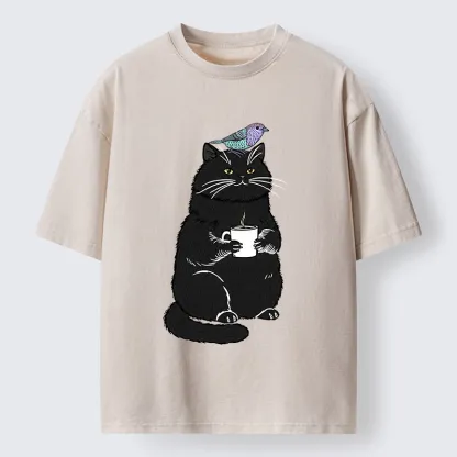 Tokyo-Lion Black Cat And Bird Washed T-Shirt