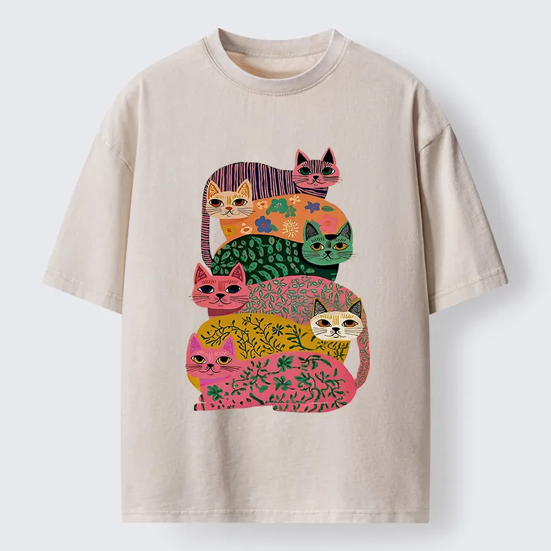 Tokyo-Lion Colorful Cats Washed T-Shirt