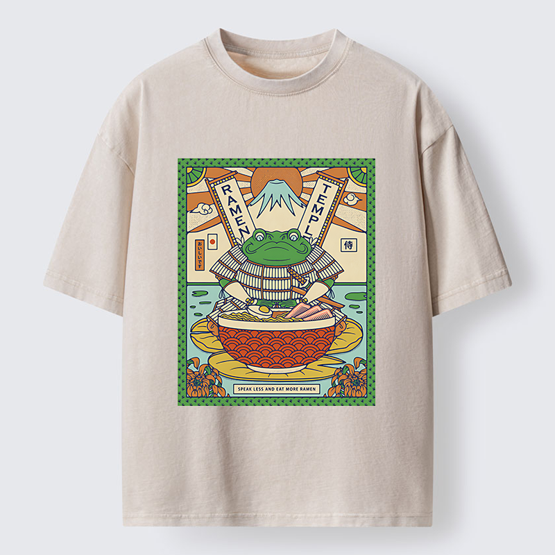 Tokyo-Lion Frog Samurai Eating Ramen Washed T-Shirt