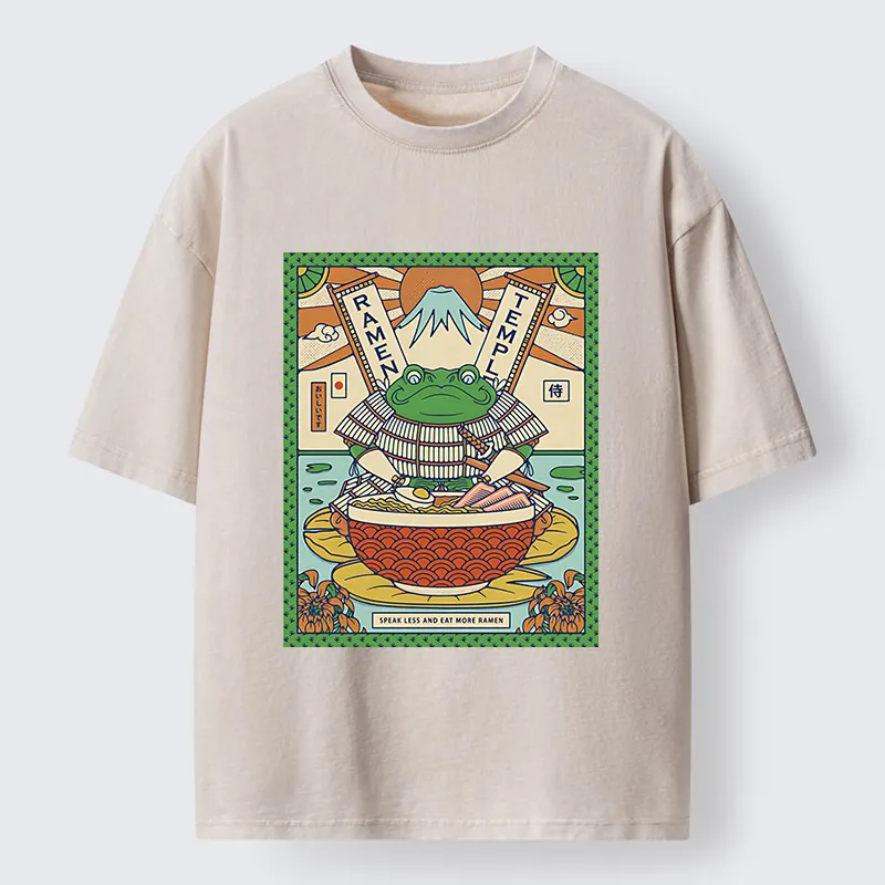 Tokyo-Lion Frog Samurai Eating Ramen Washed T-Shirt