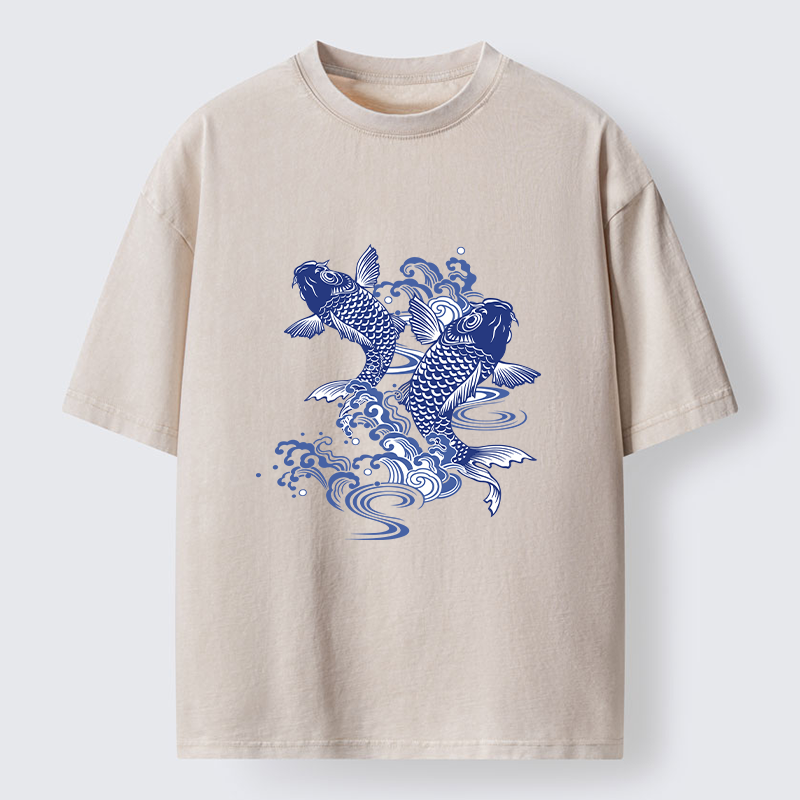Tokyo-Lion Traditional Koi Pattern Washed T-Shirt