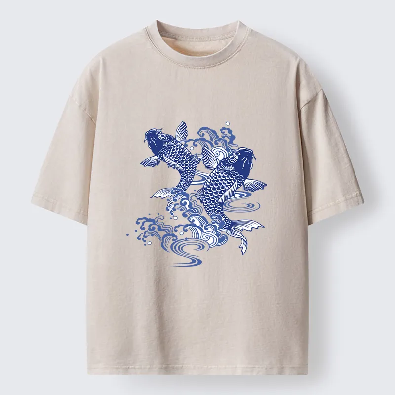 Tokyo-Lion Traditional Koi Pattern Washed T-Shirt