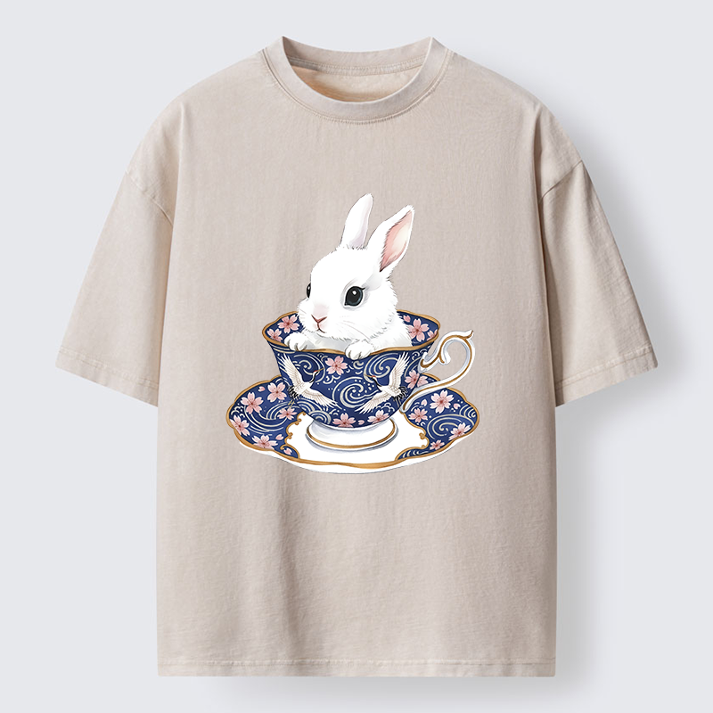 Tokyo-Lion Cute Rabbit Tea Set Washed T-Shirt