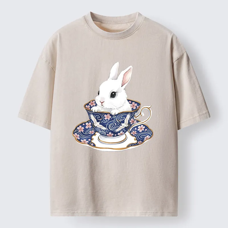 Tokyo-Lion Cute Rabbit Tea Set Washed T-Shirt