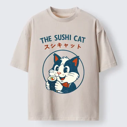 Tokyo-Lion Cat Sushi Funny Washed T-Shirt