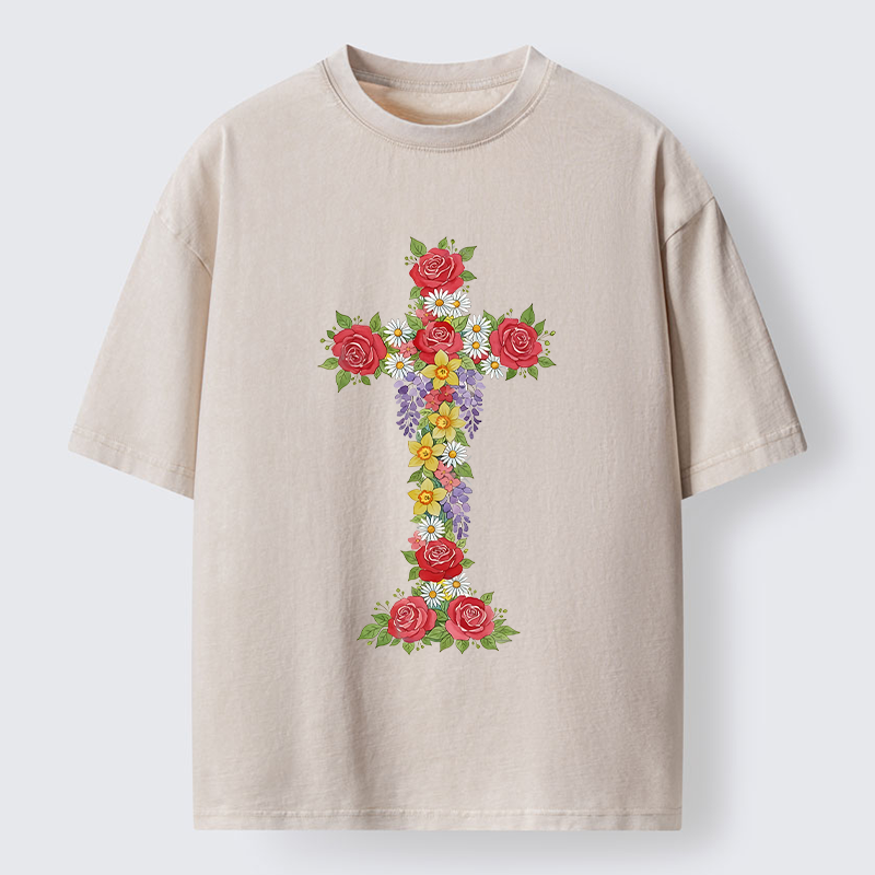 Tokyo-Lion Flower Cross Washed T-Shirt