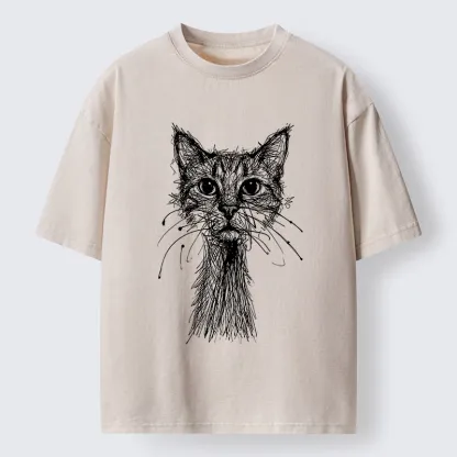 Tokyo-Lion Messy Line Cat Washed T-Shirt-Tokyo-Lion