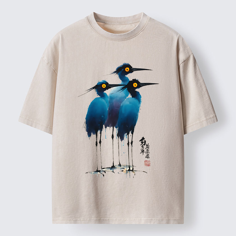 Tokyo-Lion Great Blue Heron Ink Painting Washed T-Shirt