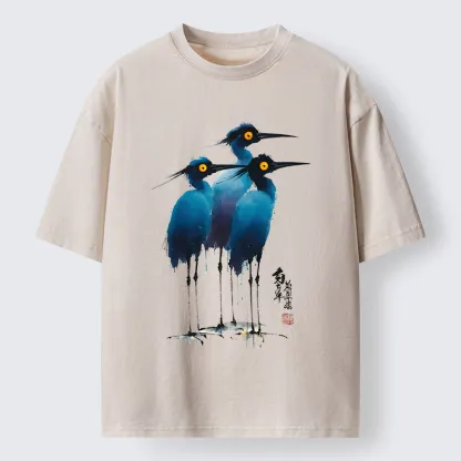 Tokyo-Lion Great Blue Heron Ink Painting Washed T-Shirt