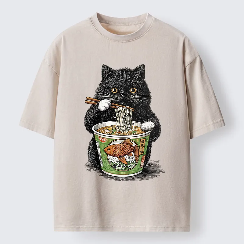 Tokyo-Lion Black Cat Eating Japanese Food Washed T-Shirt