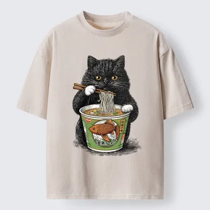 Tokyo-Lion Black Cat Eating Japanese Food Washed T-Shirt