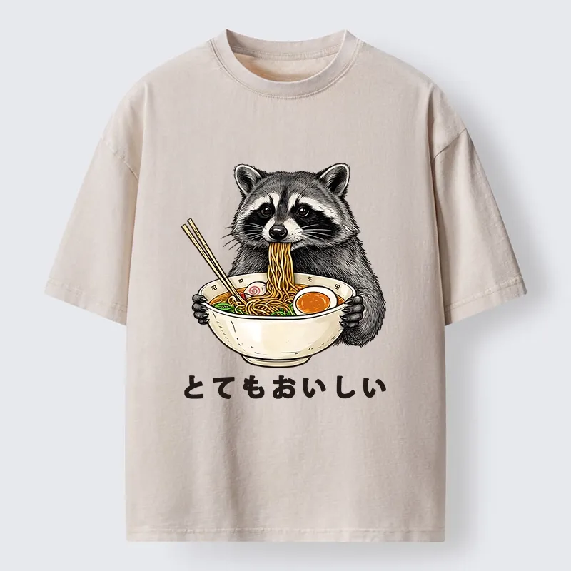 Tokyo-Lion Raccoon Eating A Big Bowl Of Ramen Washed T-Shirt