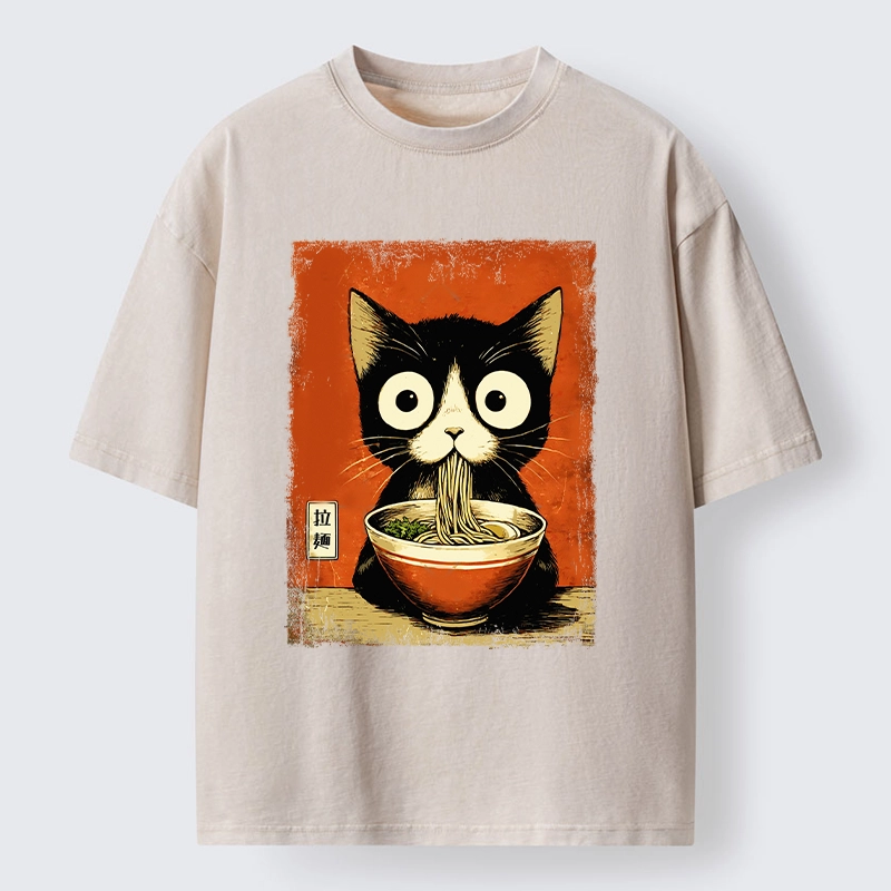Tokyo-Lion Ramen Loving Black Cat Washed T-Shirt