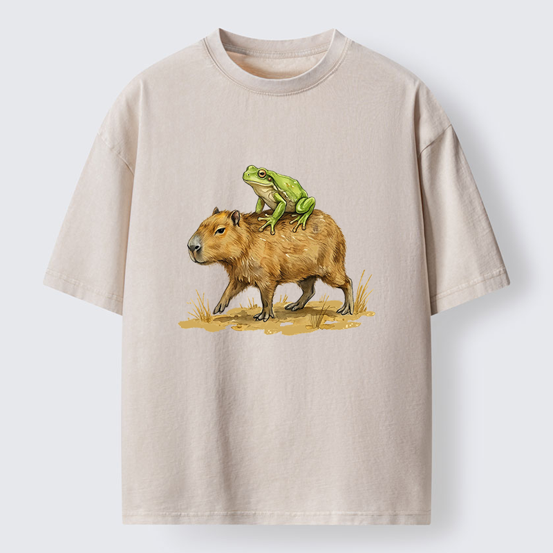 Tokyo-Lion Frog Riding A Capybara Washed T-Shirt