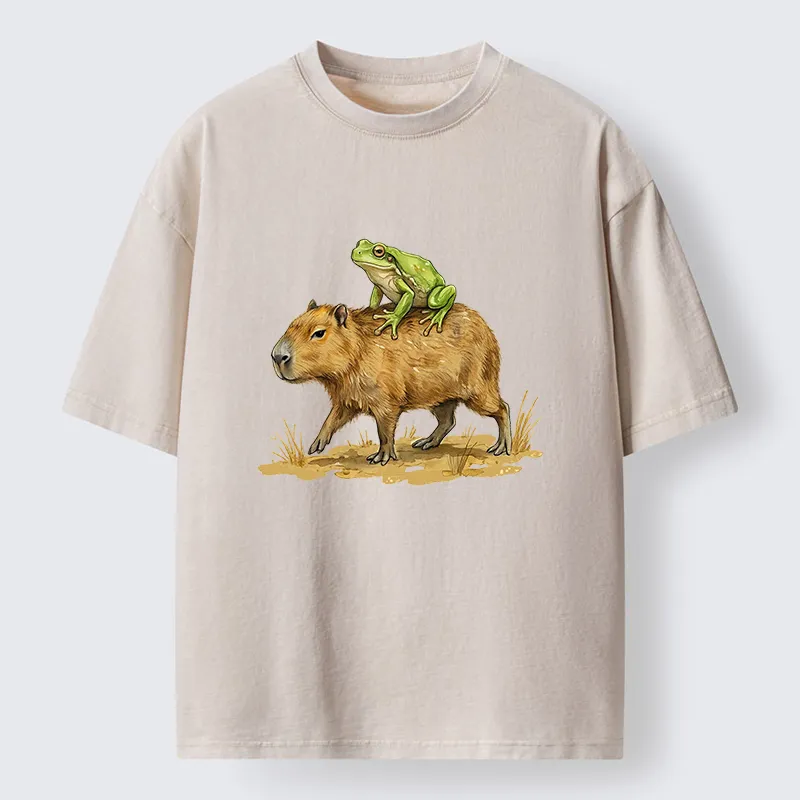 Tokyo-Lion Frog Riding A Capybara Washed T-Shirt
