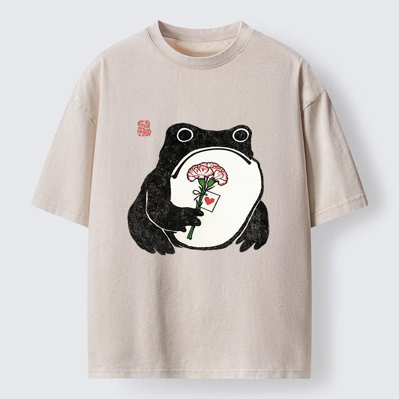 Tokyo-Lion The Frog Holding A Carnation Washed T-Shirt-Tokyo-Lion