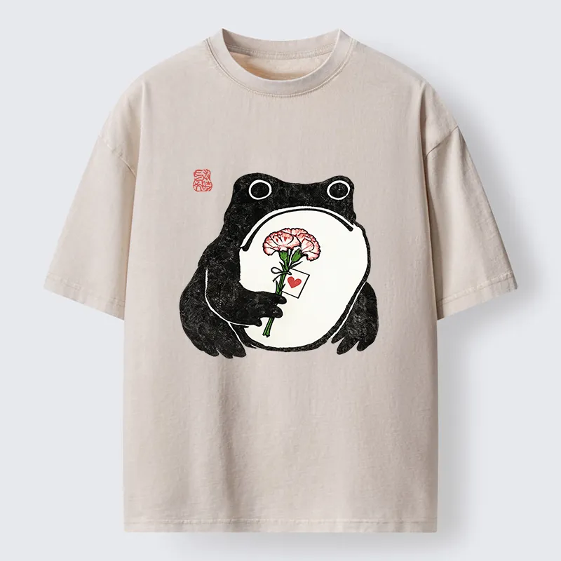 Tokyo-Lion The Frog Holding A Carnation Washed T-Shirt-Tokyo-Lion