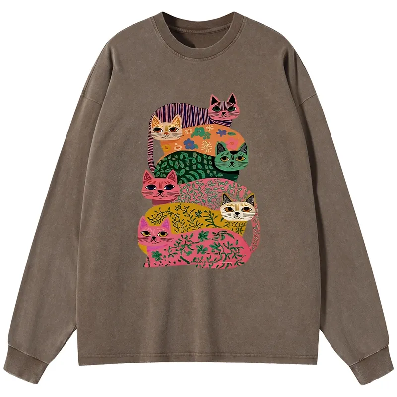Tokyo-Lion Colorful Cats Washed Long Sleeve T-Shirt-Tokyo-Lion