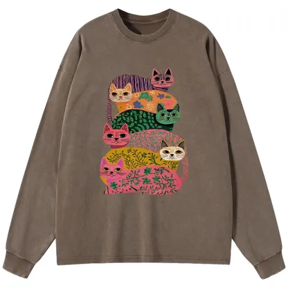 Tokyo-Lion Colorful Cats Washed Long Sleeve T-Shirt-Tokyo-Lion