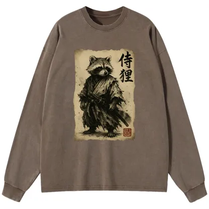 Tokyo-Lion Retro Raccoon Samurai Washed Long Sleeve T-Shirt