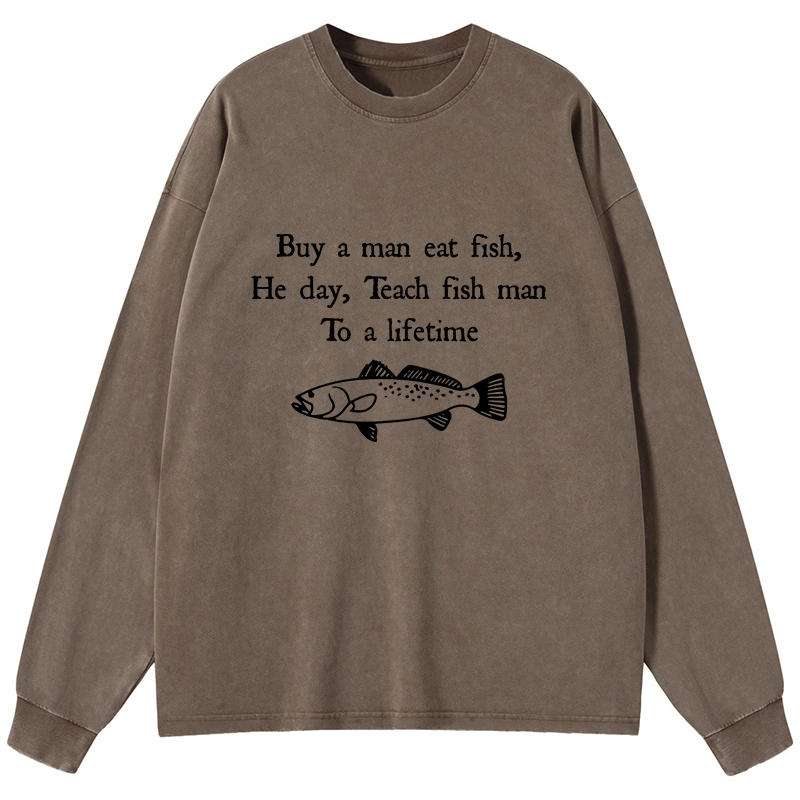 Tokyo-Lion Man Eat Fish Meme Washed Long Sleeve T-Shirt-Tokyo-Lion