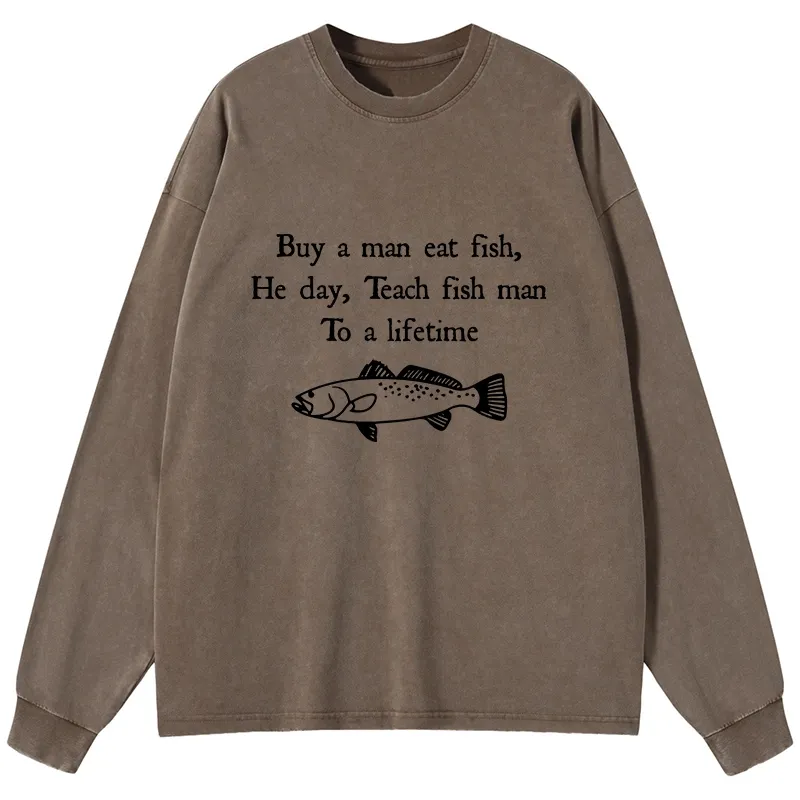 Tokyo-Lion Man Eat Fish Meme Washed Long Sleeve T-Shirt-Tokyo-Lion