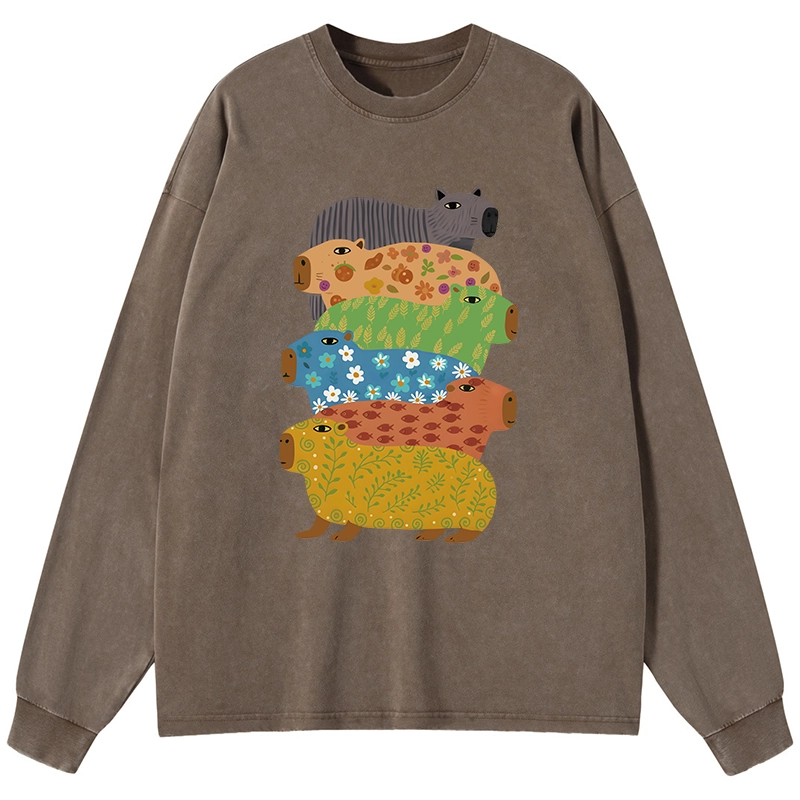 Tokyo-Lion Colorful Capybaras Washed Long Sleeve T-Shirt