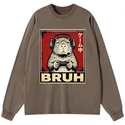 Tokyo-Lion Funny Capybara Playing Games Washed Long Sleeve T-Shirt